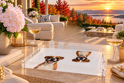 Boxer Dog Acrylic Rectangle Tray, on a patio table, by Nicolette Mayer