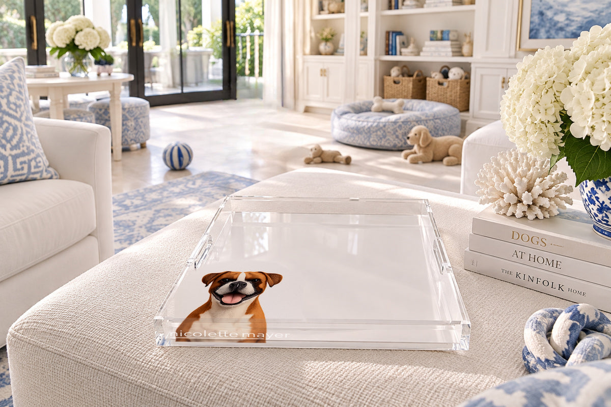 Boxer Dog Acrylic Decorative Tray, on an ottoman, by Nicolette Mayer