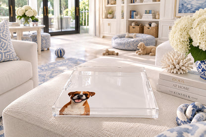 Boxer Dog Acrylic Decorative Tray, on an ottoman, by Nicolette Mayer