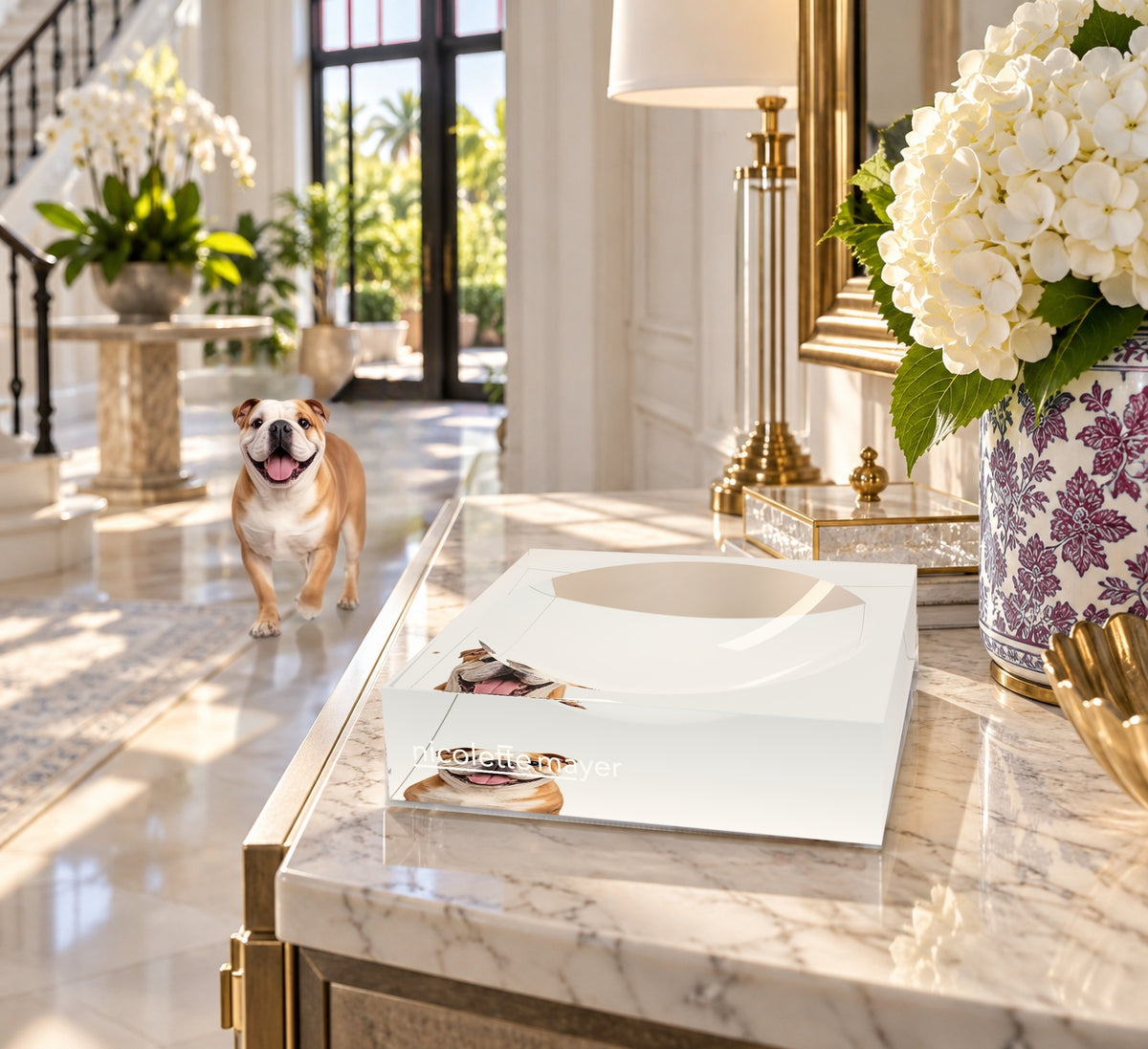 Bulldog Acrylic Candy Catchall Dish, on an entry console, by Nicolette Mayer