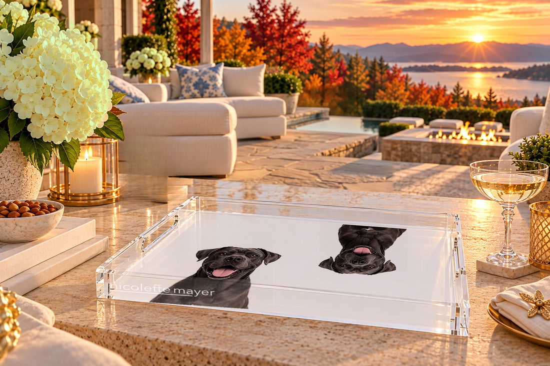 Cane Corso Dog Acrylic Rectangle Tray, on a patio table, by Nicolette Mayer