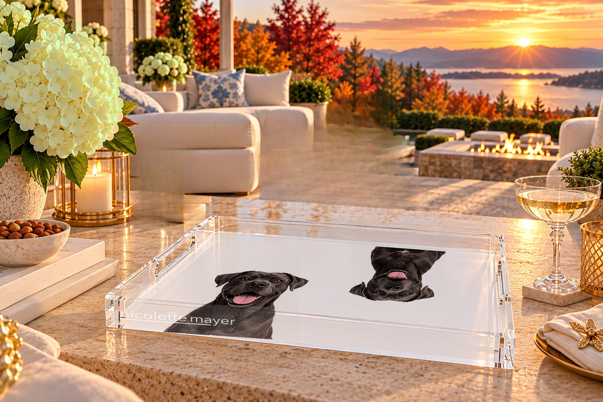 Cane Corso Dog Acrylic Rectangle Tray, on a patio table, by Nicolette Mayer