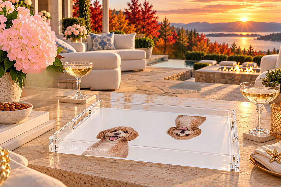Cavapoo Dog Acrylic Rectangle Tray, on a patio table, by Nicolette Mayer