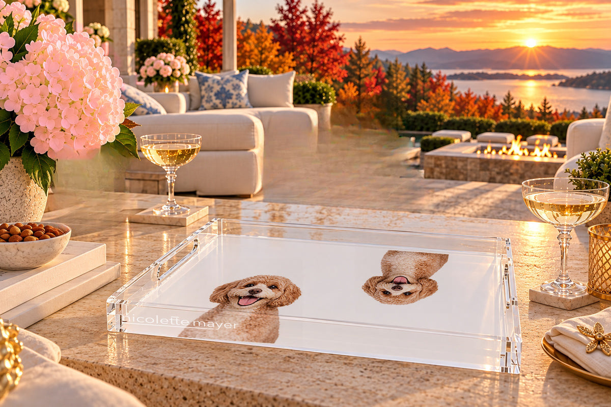 Cavapoo Dog Acrylic Rectangle Tray, on a patio table, by Nicolette Mayer
