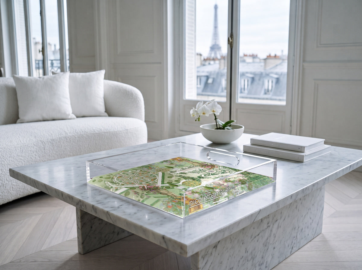 Chateau Garden Acrylic Decorative Tray, on a coffee table, by Nicolette Mayer