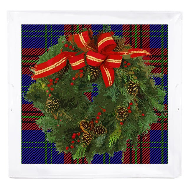 Christmas Wreath Tartan Green 18X18 Acrylic Tray - nicolettemayer.com