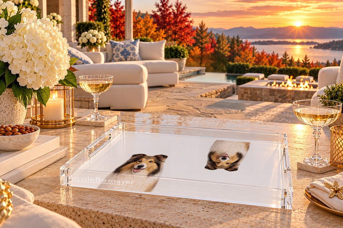 Collie Dog Acrylic Rectangle Tray, on a patio table, by Nicolette Mayer