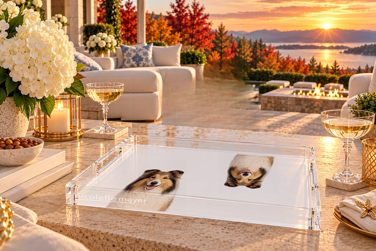 Collie Dog Acrylic Rectangle Tray, on a patio table, by Nicolette Mayer