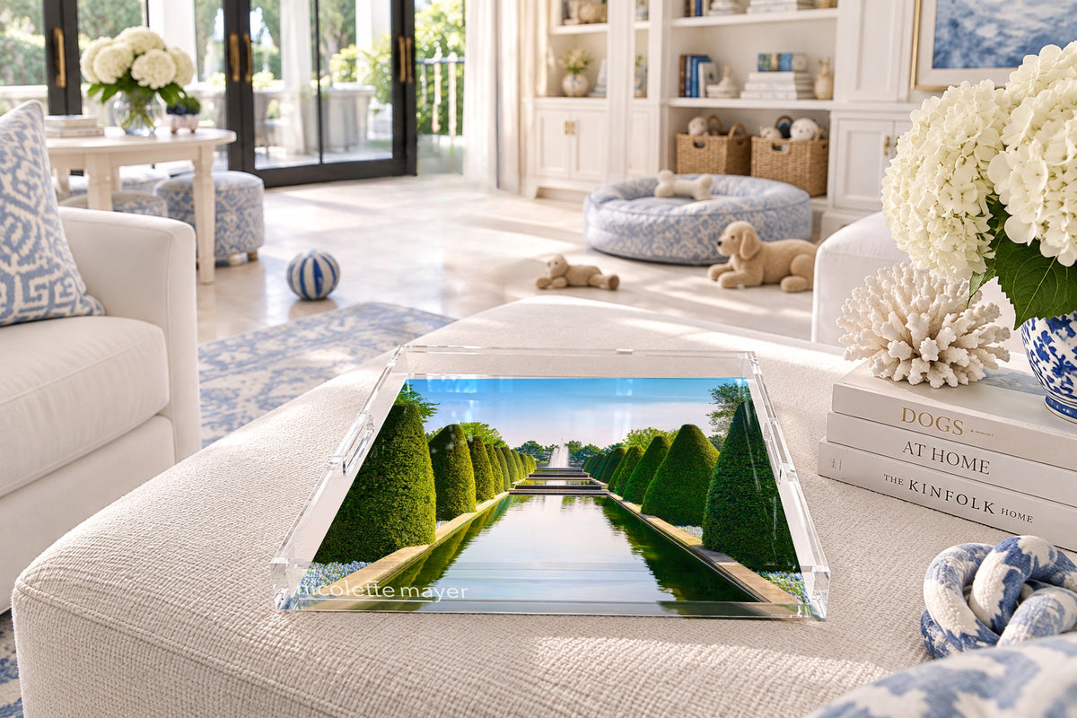 Conical Topiary Acrylic Decorative Tray, on an ottoman, by Nicolette Mayer