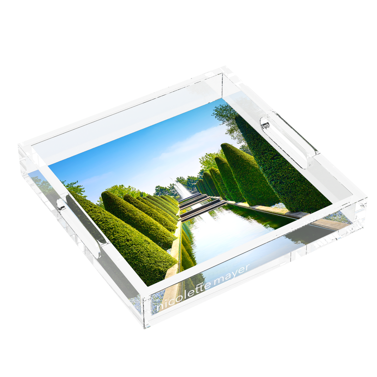 Conical Topiary Acrylic Decorative Tray, left three-quarter, by Nicolette Mayer