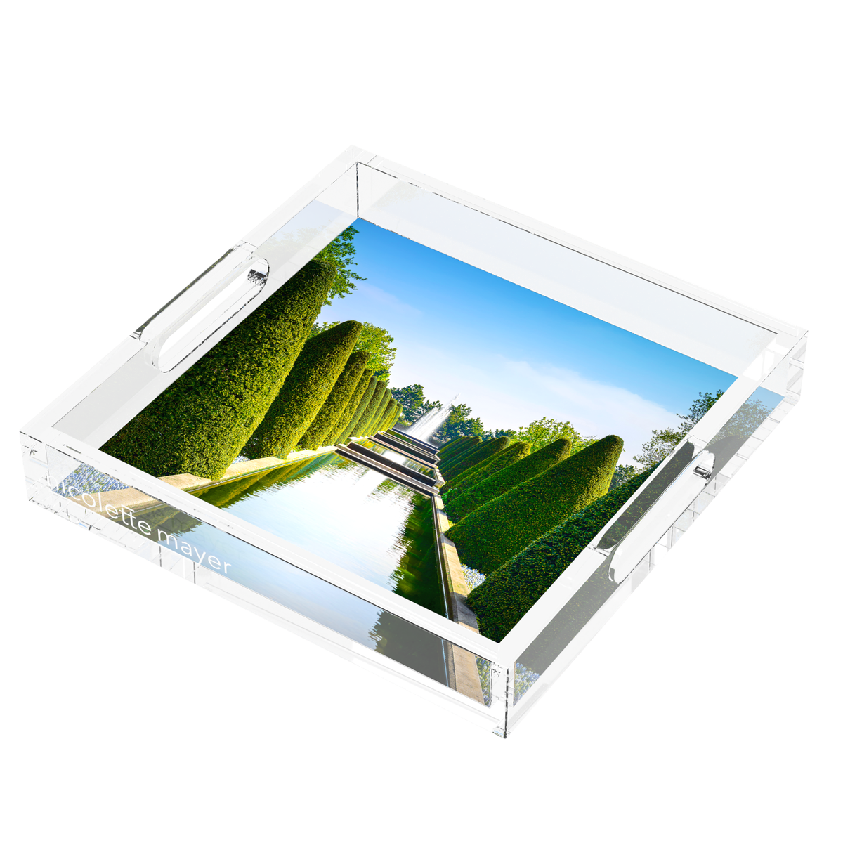 Conical Topiary Acrylic Decorative Tray, right three-quarter, by Nicolette Mayer