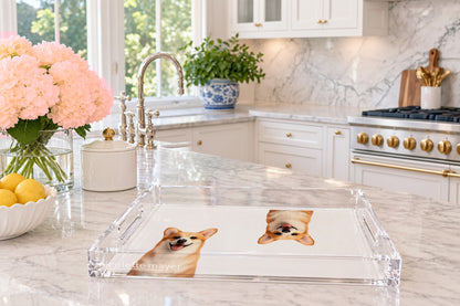 Corgi Dog Acrylic Rectangle Tray, on a kitchen island, by Nicolette Mayer