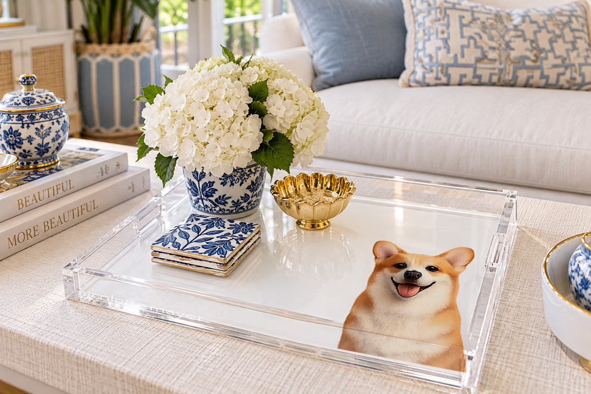 Corgi Dog Acrylic Decorative Tray, on a coffee table, by Nicolette Mayer