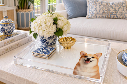 Corgi Dog Acrylic Decorative Tray, on a coffee table, by Nicolette Mayer