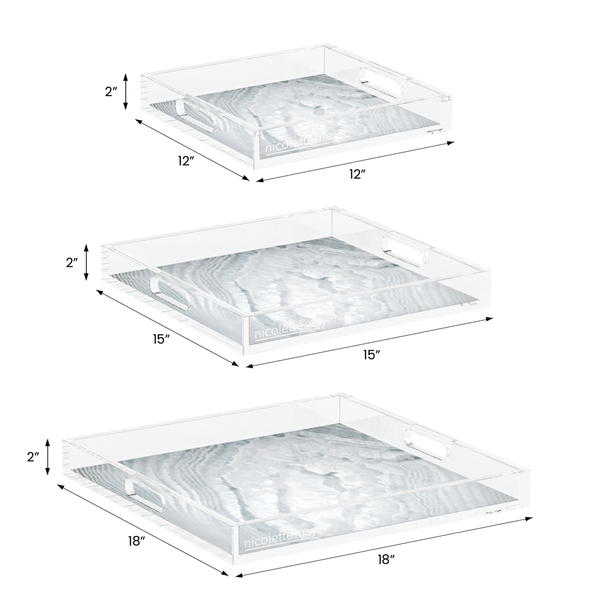 Crystal Light Silver Acrylic Decorative Tray, 12 x 12 in., 15 x 15 in., 18 x 18 in. by Nicolette Mayer
