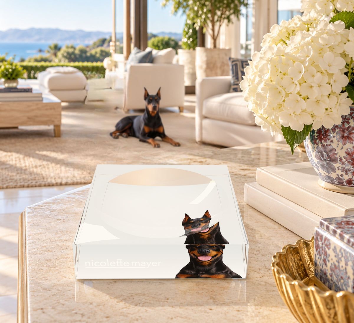 Doberman Dog Acrylic Candy Catchall Dish, on a coffee table, by Nicolette Mayer