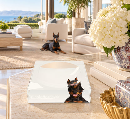 Doberman Dog Acrylic Candy Catchall Dish, on a coffee table, by Nicolette Mayer