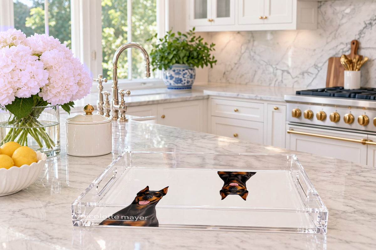Doberman Dog Acrylic Rectangle Tray, on a kitchen island, by Nicolette Mayer