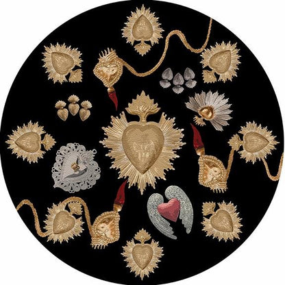 Ex Vote Sacred Hearts Black 16&quot; Round Pebble Placemat Set of 4 - nicolettemayer.com