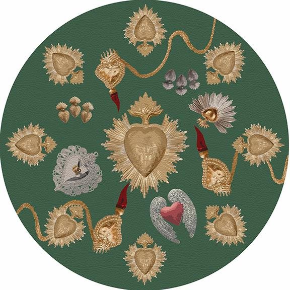 Ex Vote Sacred Hearts Evergreen 16&quot; Round Pebble Placemat Set of 4 - nicolettemayer.com