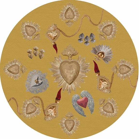 Ex Vote Sacred Hearts Gold 16&quot; Round Pebble Placemat Set of 4 - nicolettemayer.com