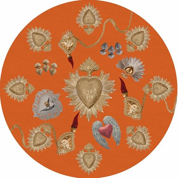 Ex Vote Sacred Hearts Orange 16&quot; Round Pebble Placemat Set of 4 - nicolettemayer.com