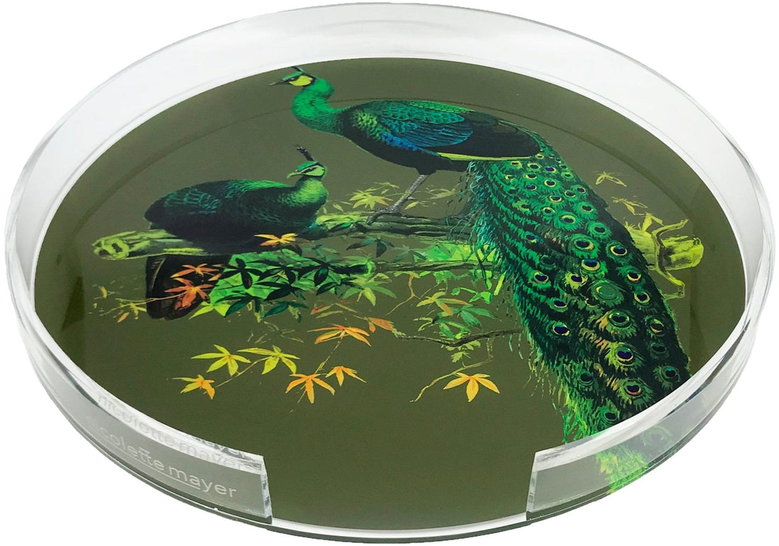 Family Pheasants Olive Acrylic Round Tray for Placemats or Decorative Use, 16&quot; - nicolettemayer.com