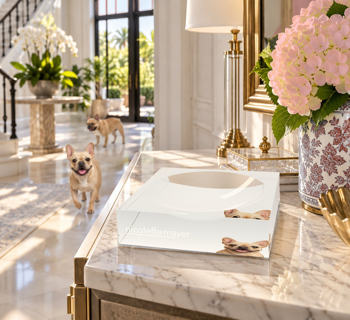 French Bulldog Acrylic Candy Catchall Dish, on an entry console, by Nicolette Mayer