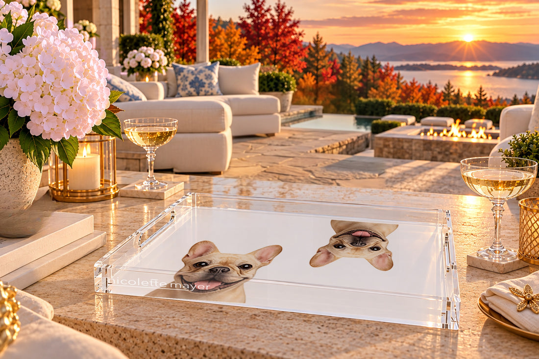 French Bulldog Acrylic Rectangle Tray, on a patio table, by Nicolette Mayer