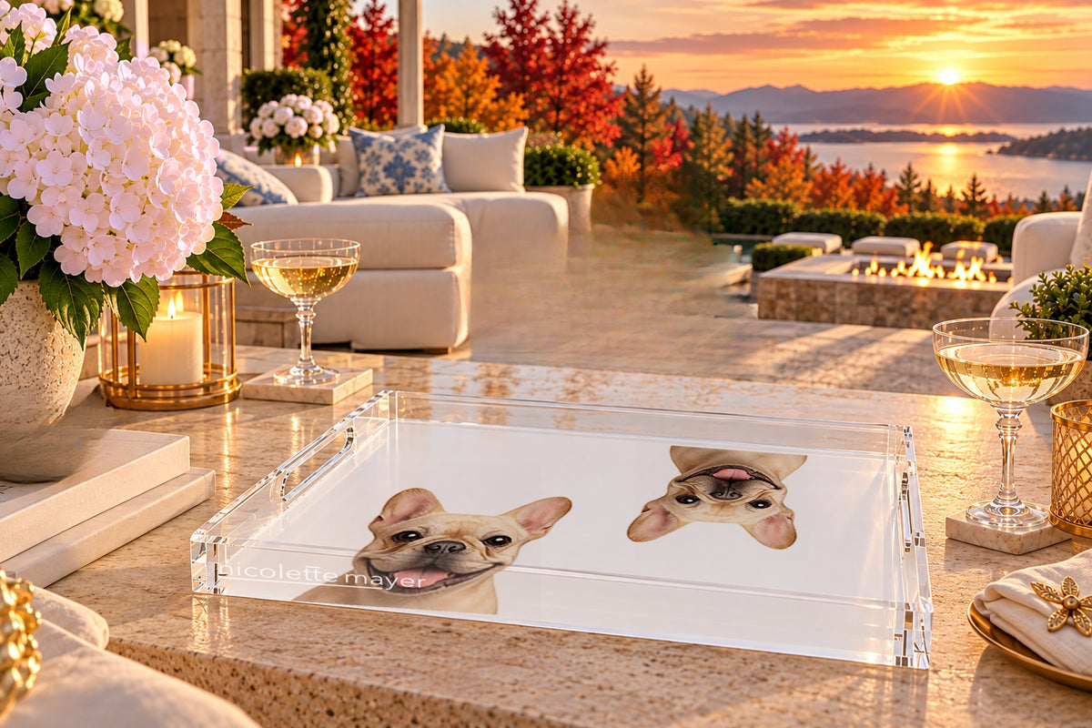 French Bulldog Acrylic Rectangle Tray, on a patio table, by Nicolette Mayer