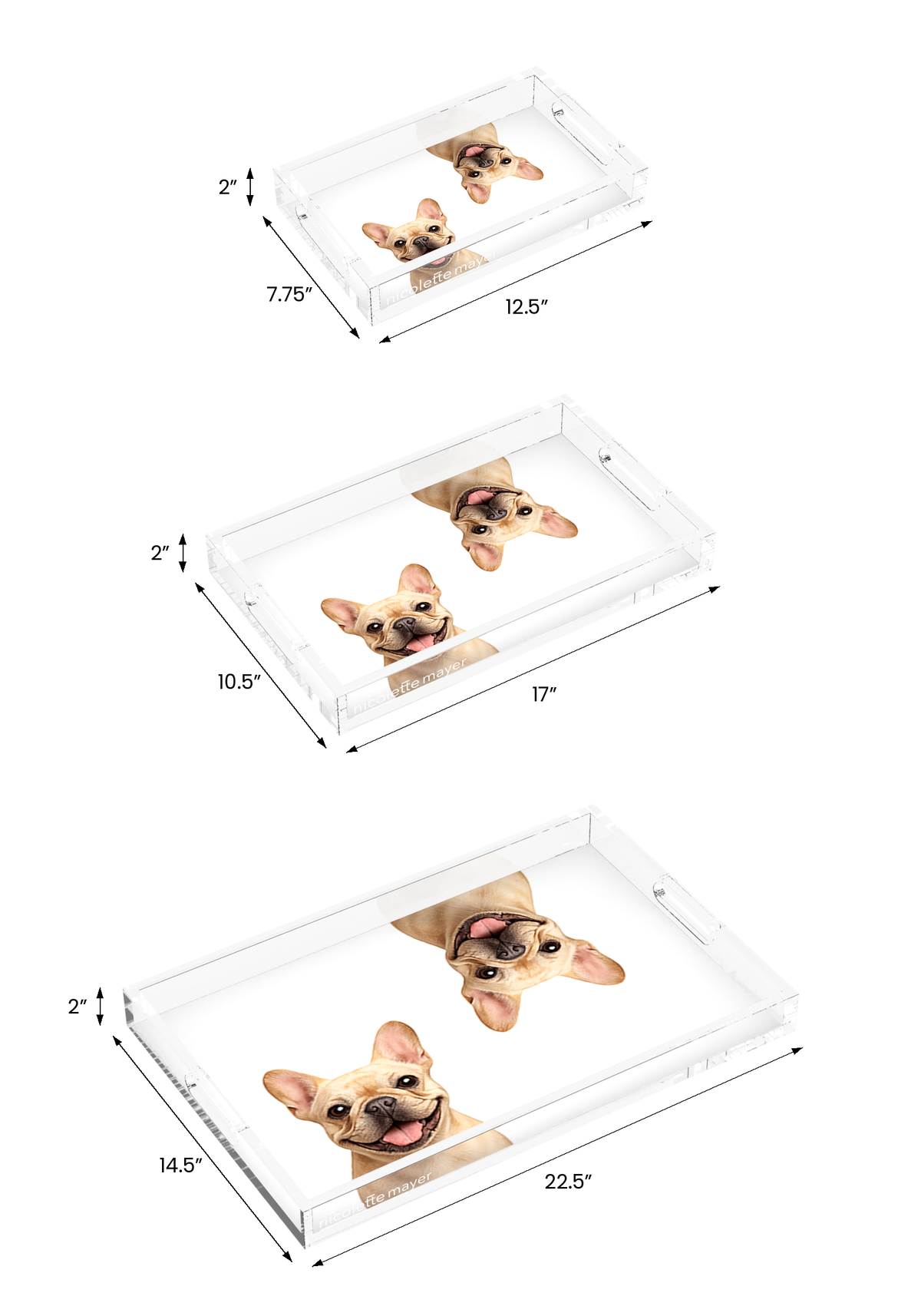 French Bulldog Acrylic Rectangle Tray, all three sizes, by Nicolette Mayer