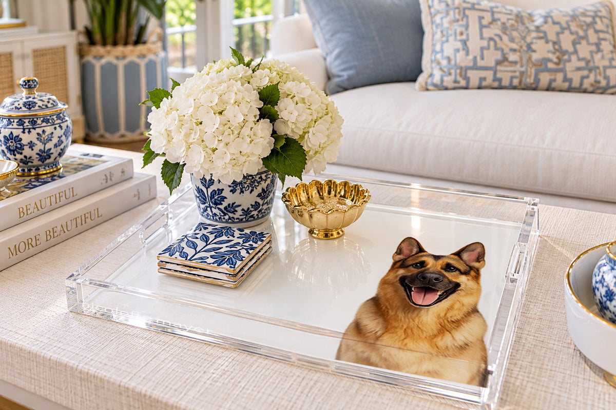 German Shepherd Dog Acrylic Decorative Tray, on a coffee table, by Nicolette Mayer