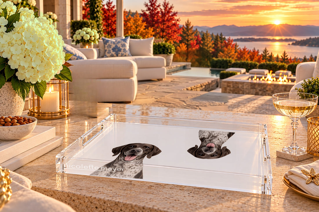 German Shorthaired Pointer Dog Acrylic Rectangle Tray, on a patio table, by Nicolette Mayer