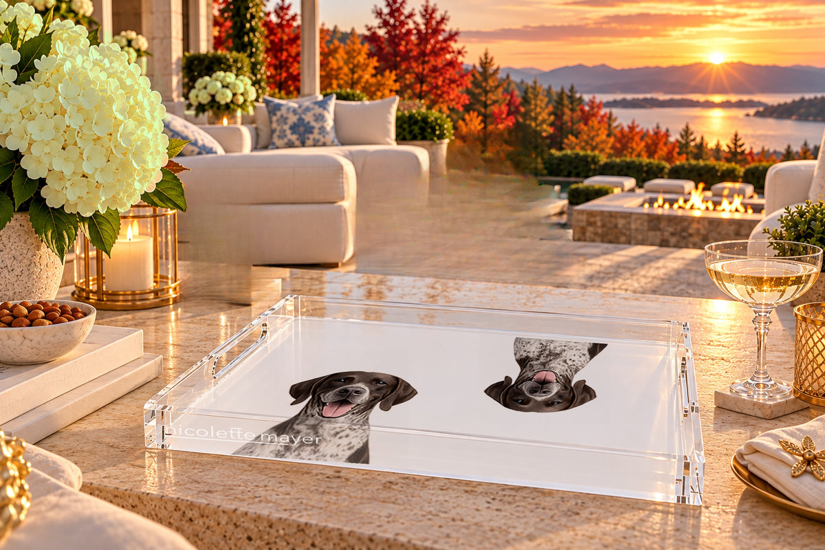 German Shorthaired Pointer Dog Acrylic Rectangle Tray, on a patio table, by Nicolette Mayer