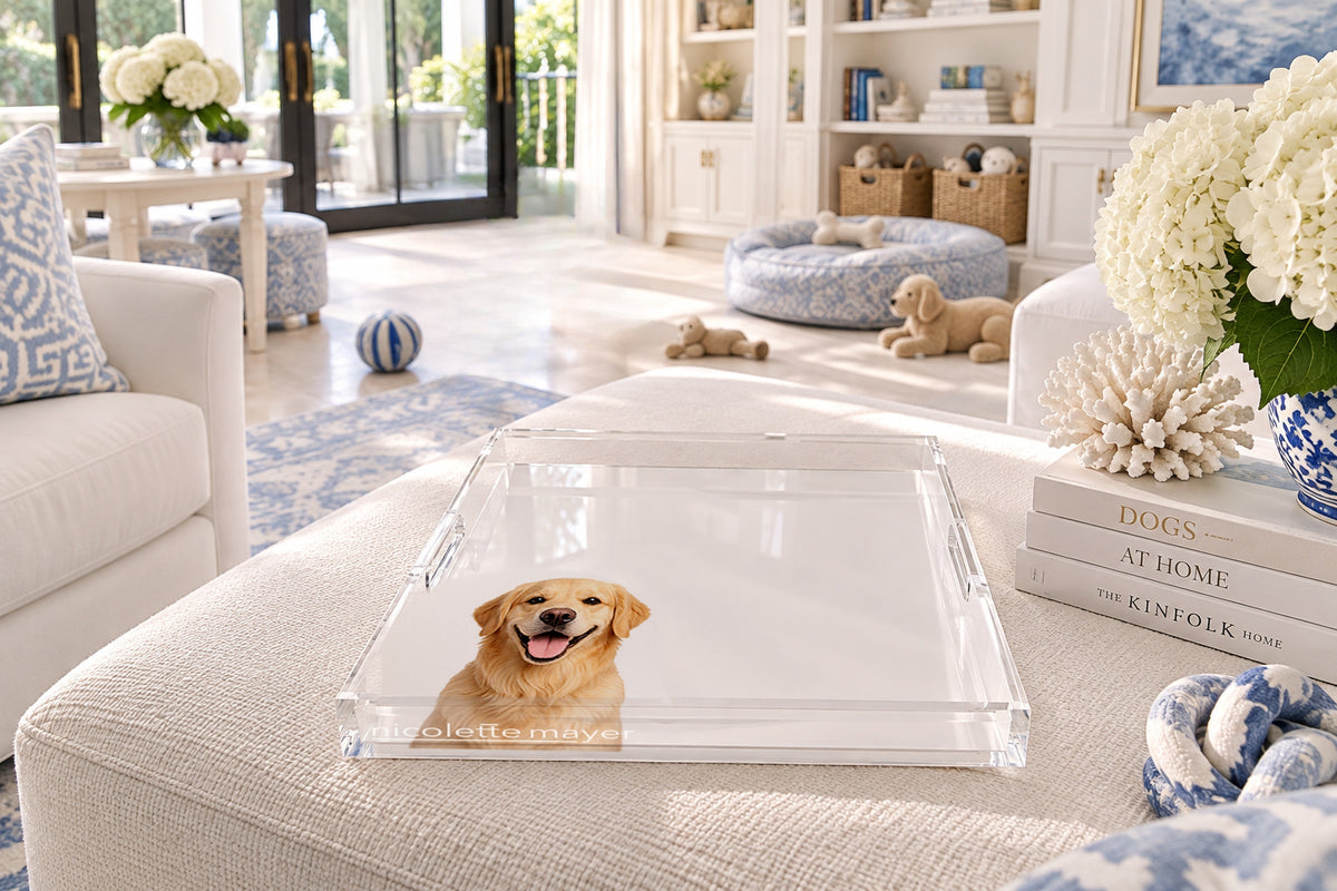 Golden Retriever Dog Acrylic Decorative Tray, on an ottoman, by Nicolette Mayer