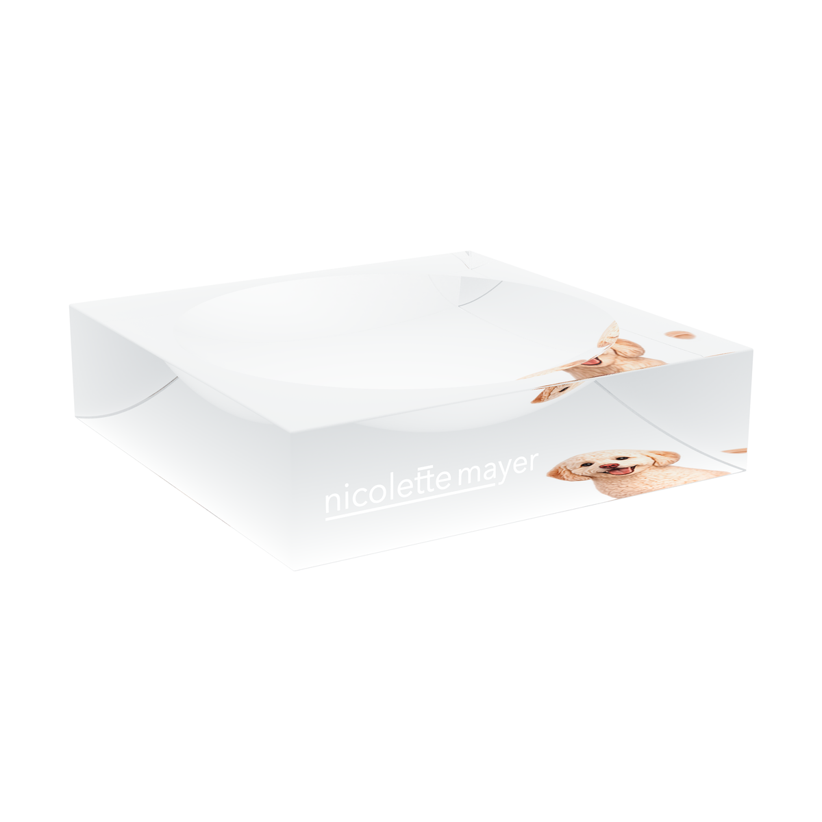 Goldendoodle Dog Acrylic Candy Catchall Dish, large dish at an angle, by Nicolette Mayer