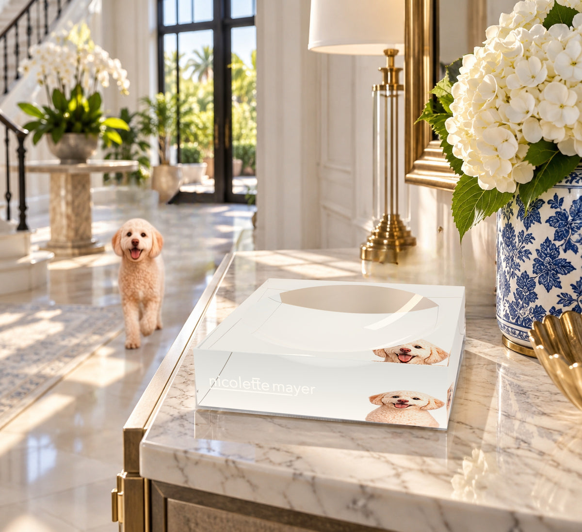 Goldendoodle Dog Acrylic Candy Catchall Dish, on an entry console, by Nicolette Mayer