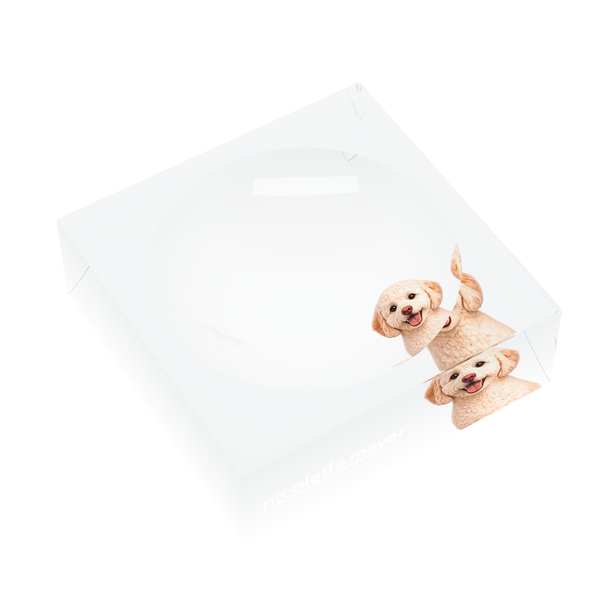 Goldendoodle Dog Acrylic Candy Catchall Dish, left three-quarter, by Nicolette Mayer