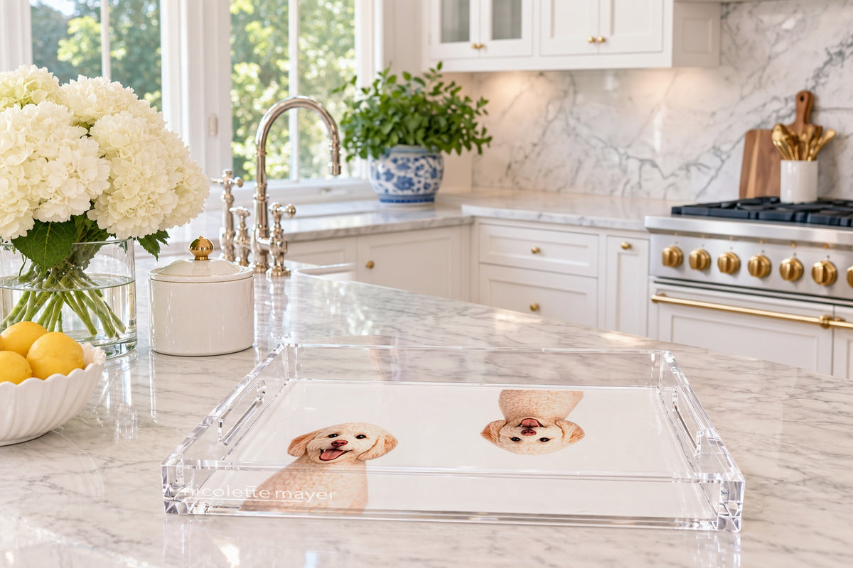 Goldendoodle Dog Acrylic Rectangle Tray, on a kitchen island, by Nicolette Mayer
