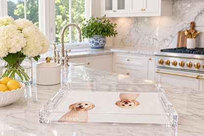 Goldendoodle Dog Acrylic Rectangle Tray, on a kitchen island, by Nicolette Mayer