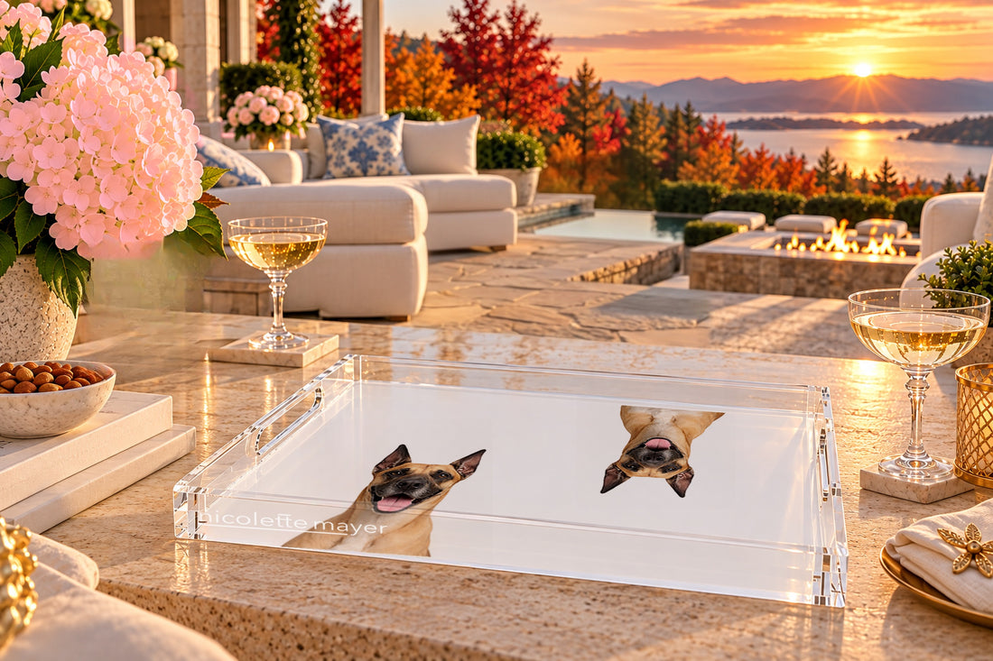 Great Dane Dog Acrylic Rectangle Tray, on a patio table, by Nicolette Mayer