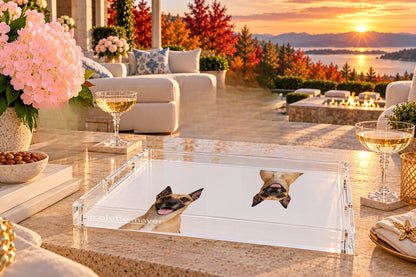 Great Dane Dog Acrylic Rectangle Tray, on a patio table, by Nicolette Mayer