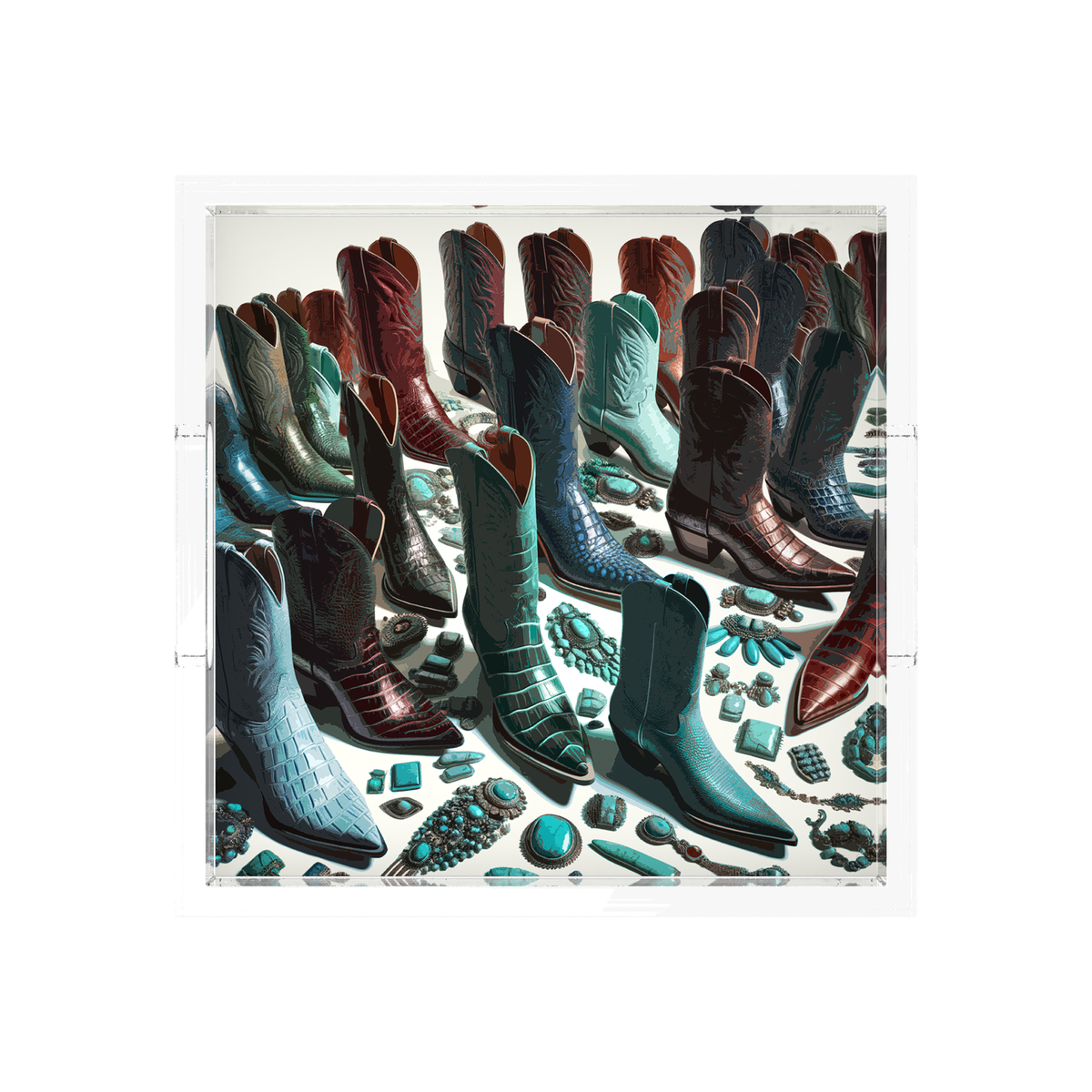 Haute Boots Exotic Acrylic Decorative Tray, overhead, by Nicolette Mayer