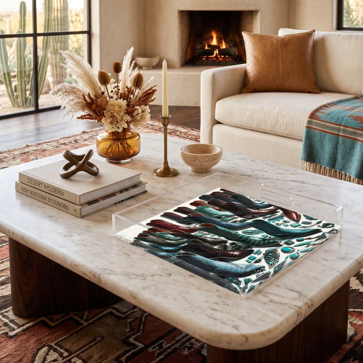 Haute Boots Exotic Acrylic Decorative Tray, on a coffee table, by Nicolette Mayer