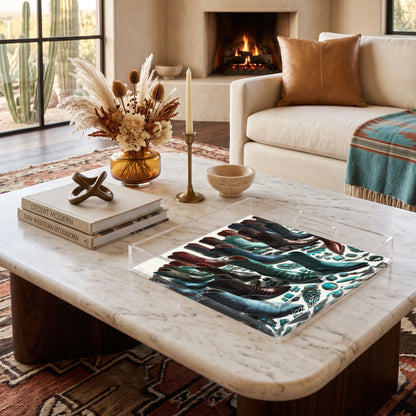 Haute Boots Exotic Acrylic Decorative Tray, on a coffee table, by Nicolette Mayer