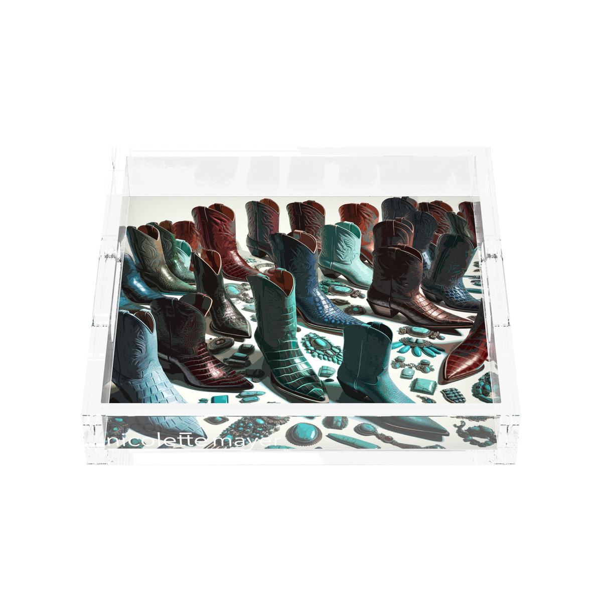 Haute Boots Exotic Acrylic Decorative Tray, front, by Nicolette Mayer