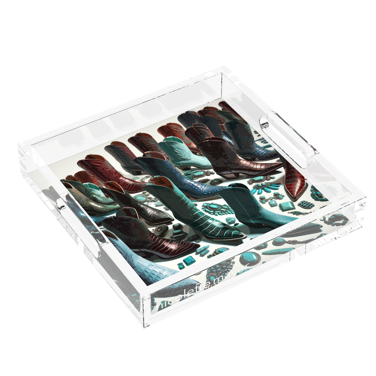 Haute Boots Exotic Acrylic Decorative Tray, left three-quarter, by Nicolette Mayer
