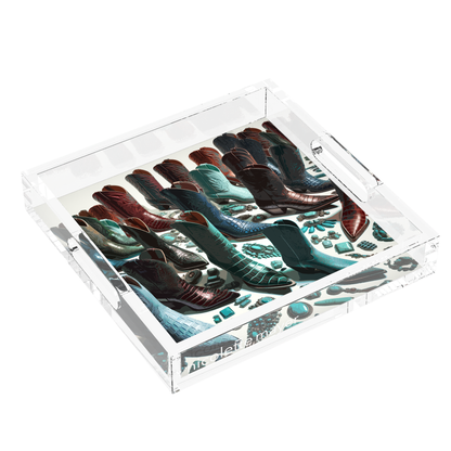 Haute Boots Exotic Acrylic Decorative Tray, left three-quarter, by Nicolette Mayer