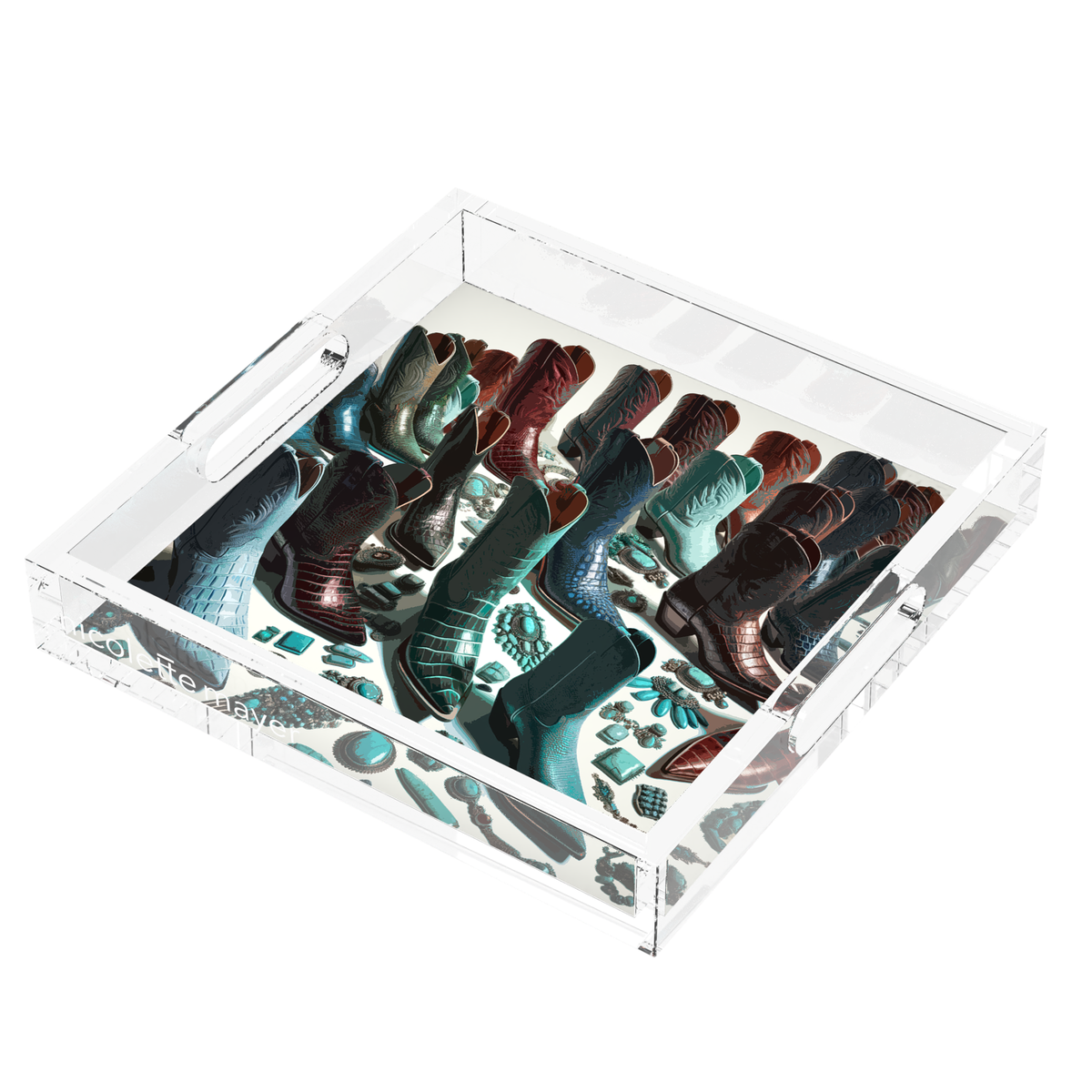 Haute Boots Exotic Acrylic Decorative Tray, right three-quarter, by Nicolette Mayer