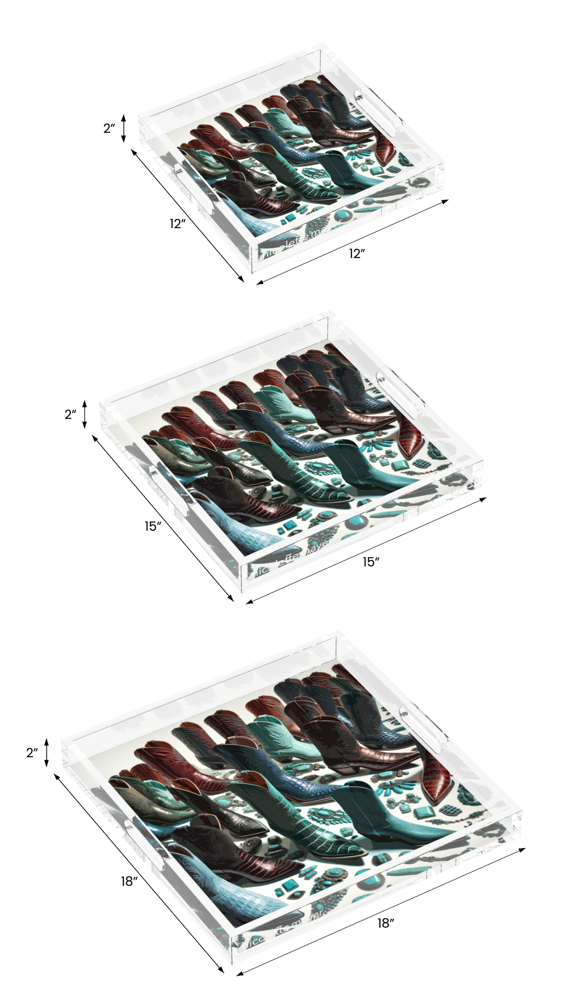 Haute Boots Exotic Acrylic Decorative Tray, all three sizes, by Nicolette Mayer